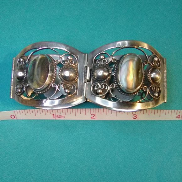 Vintage Sterling Silver Abalone Panel Wide Ornate Bracelet 925 - Picture 9 of 9